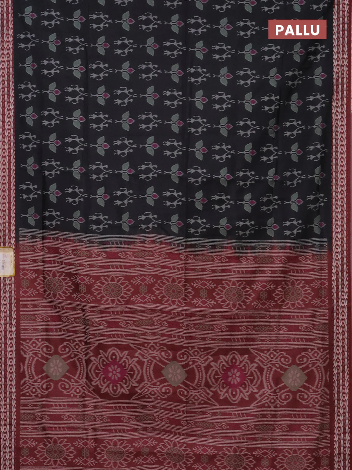 Semi sambalpuri silk saree black and deep maroon with allover ikat weaves and thread woven border - Image 3