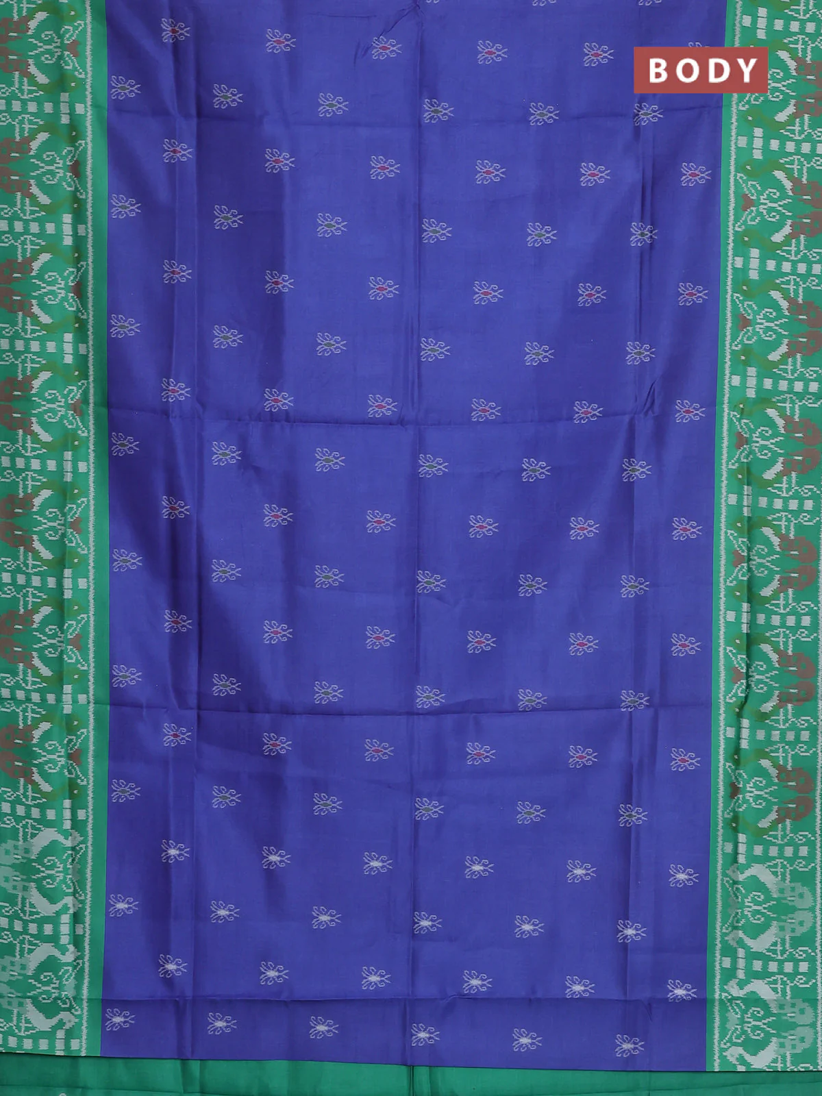 Semi sambalpuri silk saree blue and green with allover ikat buttas and thread woven border - Image 2