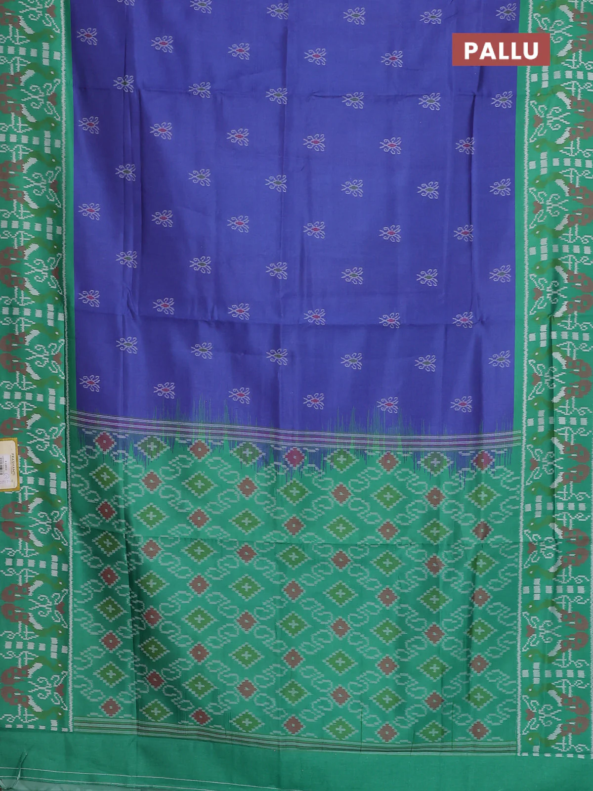 Semi sambalpuri silk saree blue and green with allover ikat buttas and thread woven border - Image 3