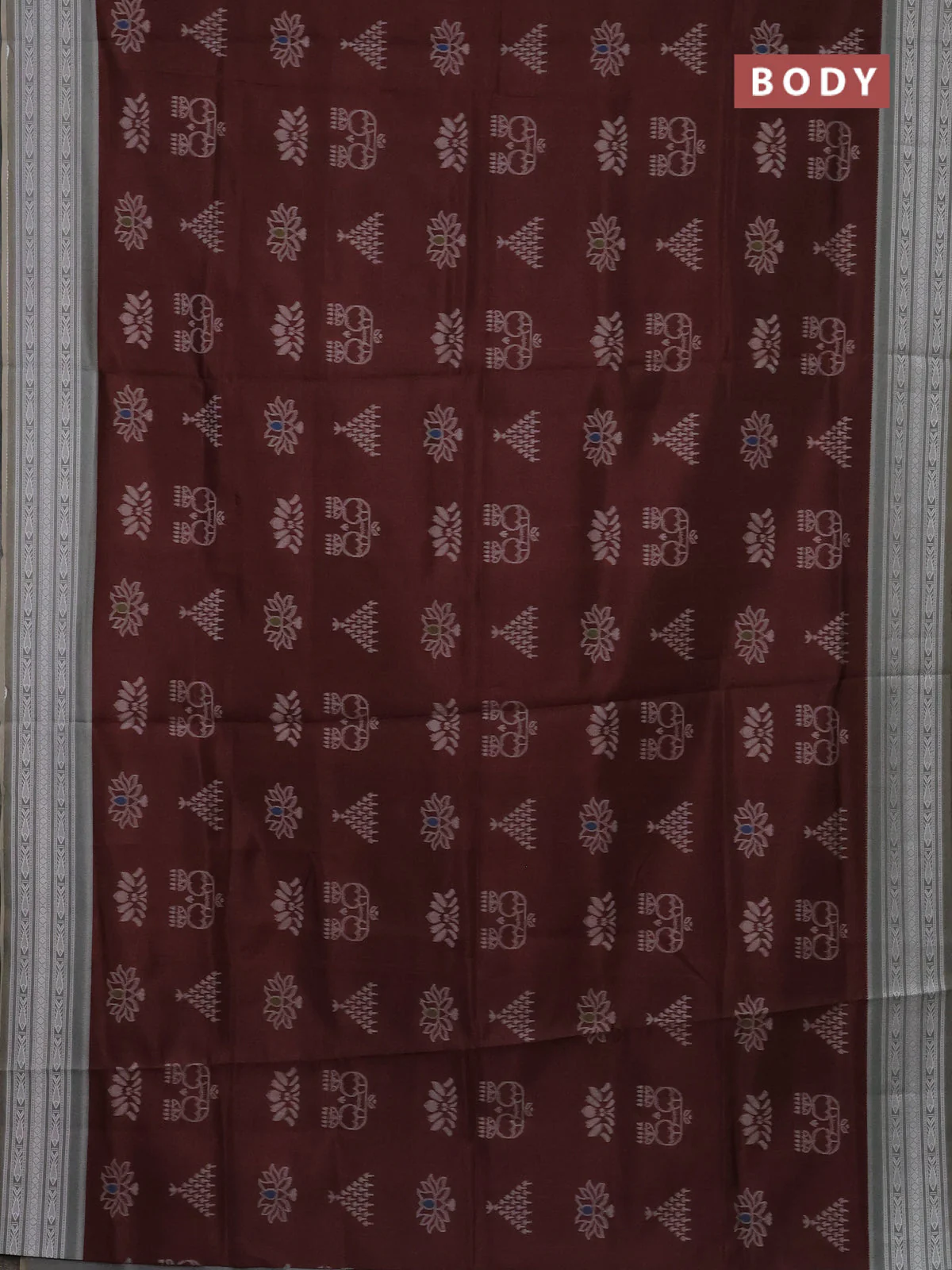 Semi sambalpuri silk saree brown and grey with allover ikat buttas and thread woven border - Image 2