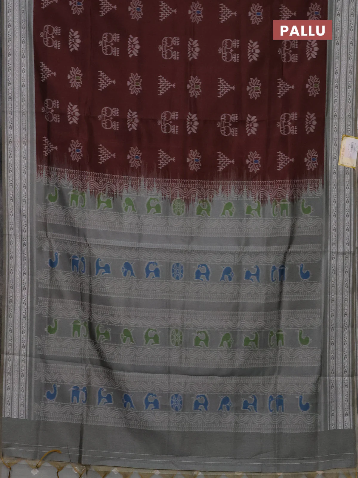 Semi sambalpuri silk saree brown and grey with allover ikat buttas and thread woven border - Image 3
