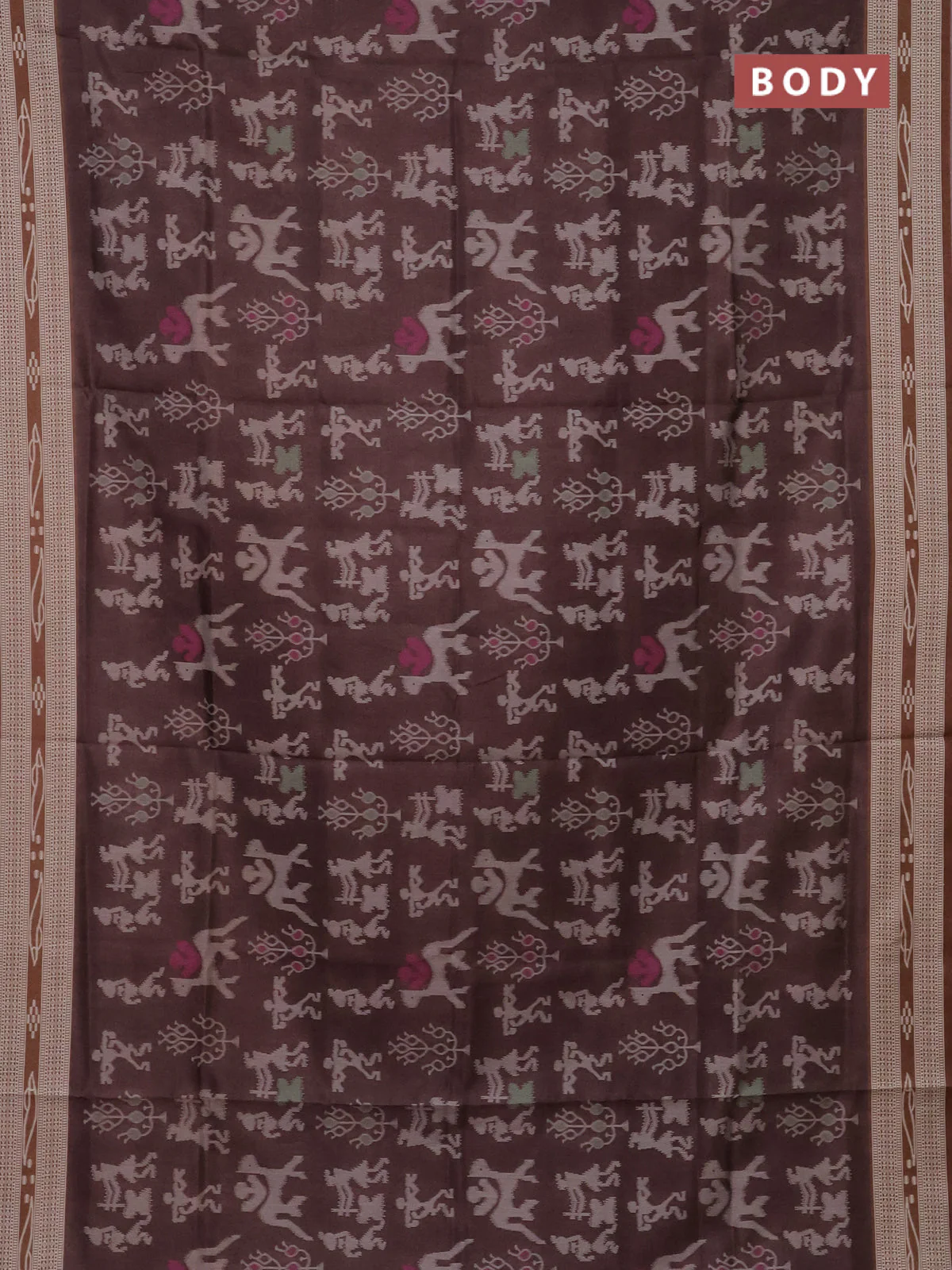 Semi sambalpuri silk saree coffee brown and brown with allover warli ikat weaves and thread woven border - Image 2