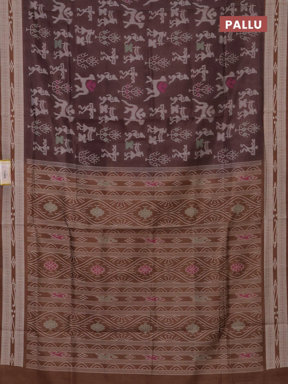 Semi sambalpuri silk saree coffee brown and brown with allover warli ikat weaves and thread woven border - Image 3