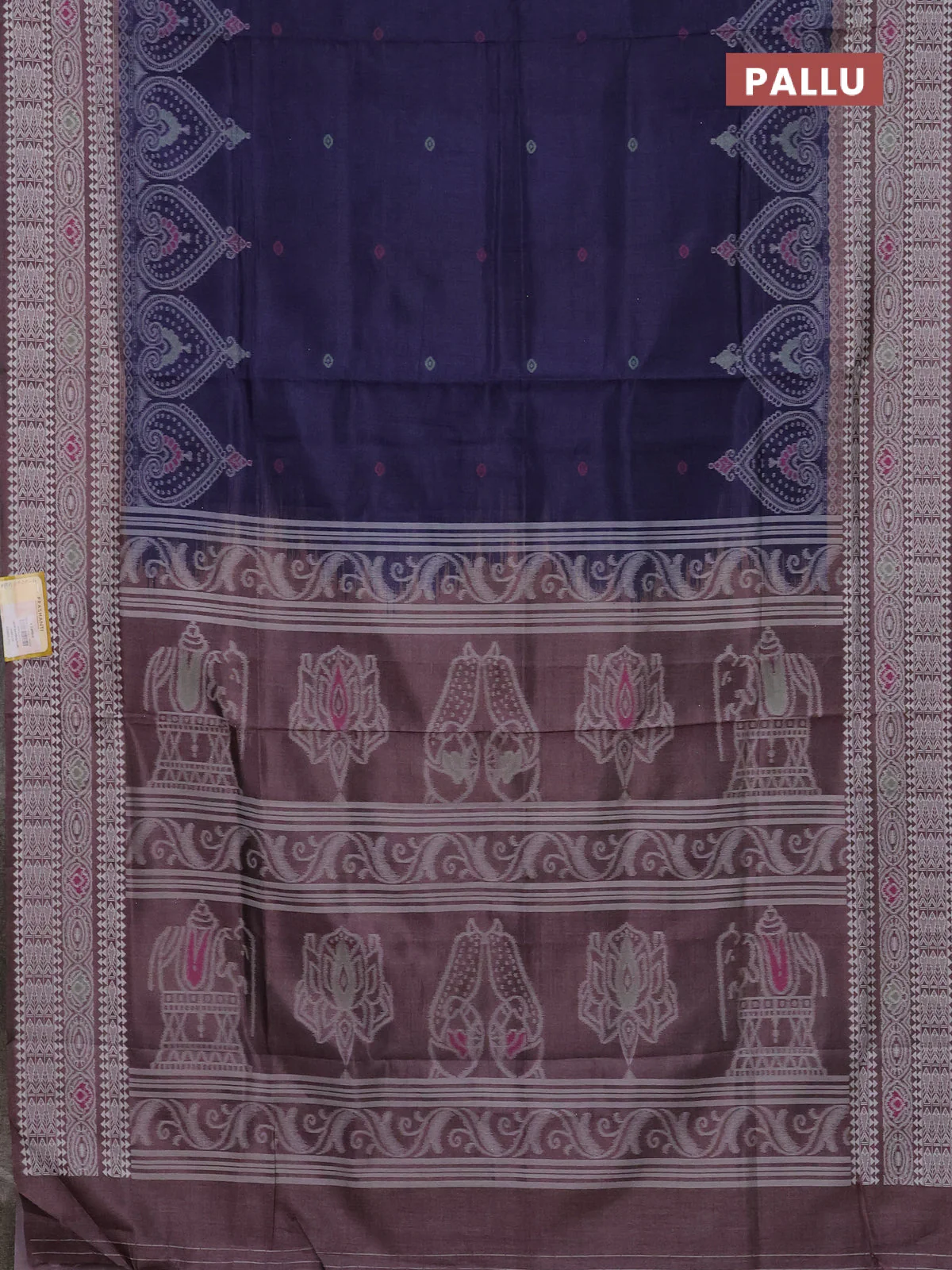 Semi sambalpuri silk saree dark blue and pastel brown with allover ikat buttas and thread woven border - Image 3