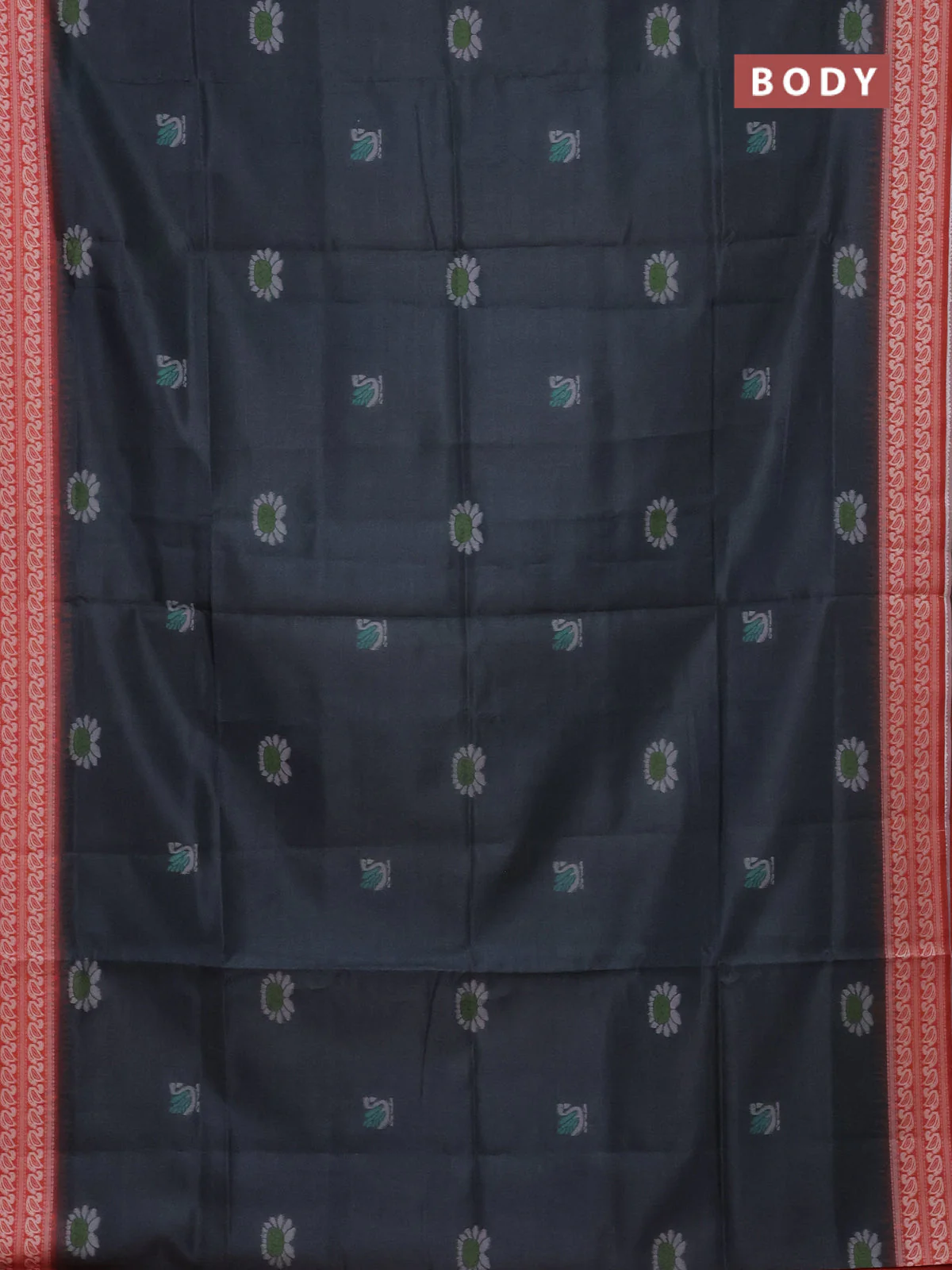 Semi sambalpuri silk saree dark grey and rust shade with allover ikat buttas and thread woven border - Image 2