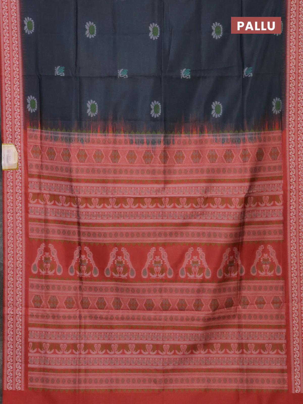Semi sambalpuri silk saree dark grey and rust shade with allover ikat buttas and thread woven border - Image 3