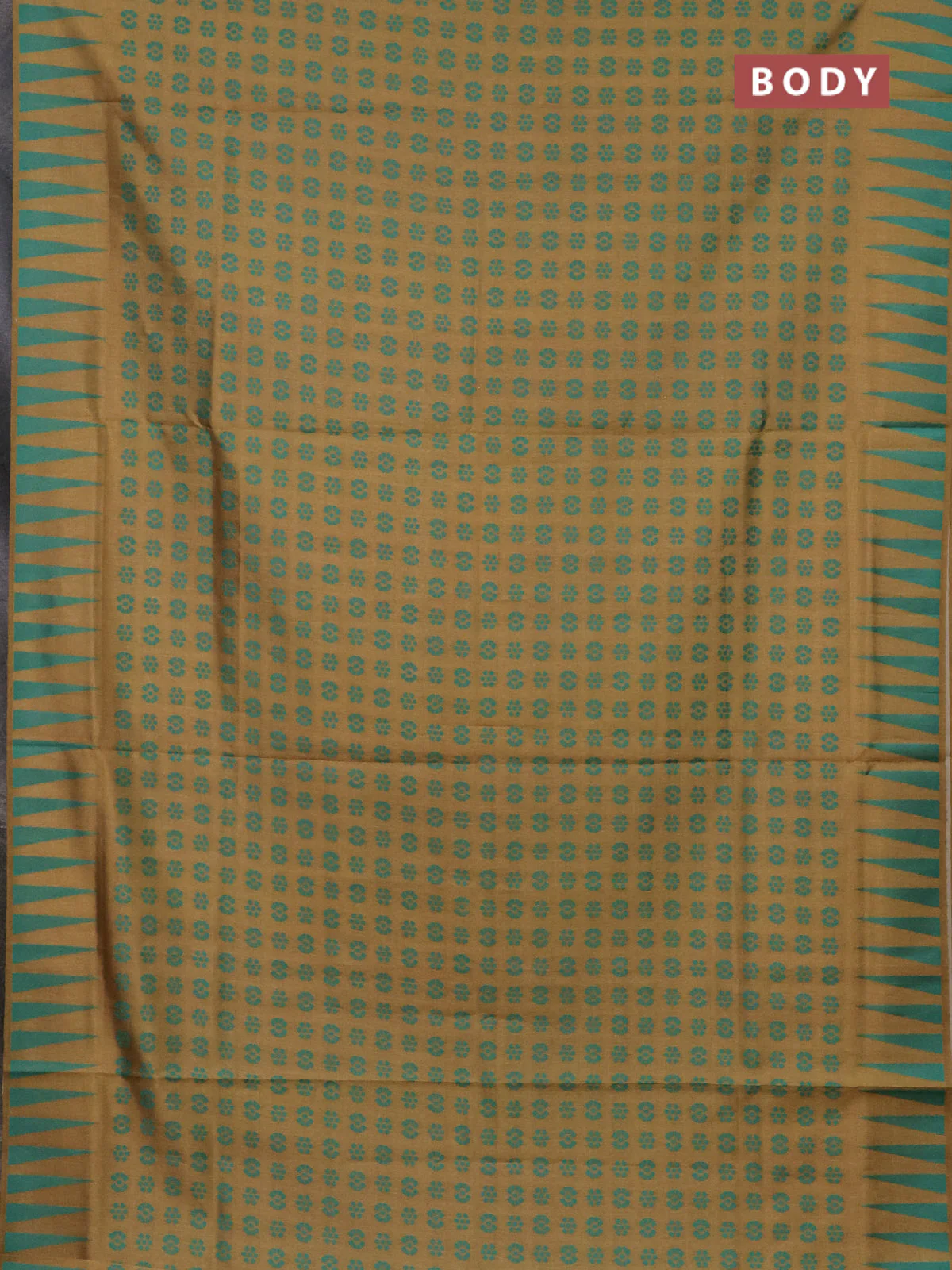 Semi sambalpuri silk saree dark mustard and teal green with allover ikat butta weaves and thread woven border - Image 2