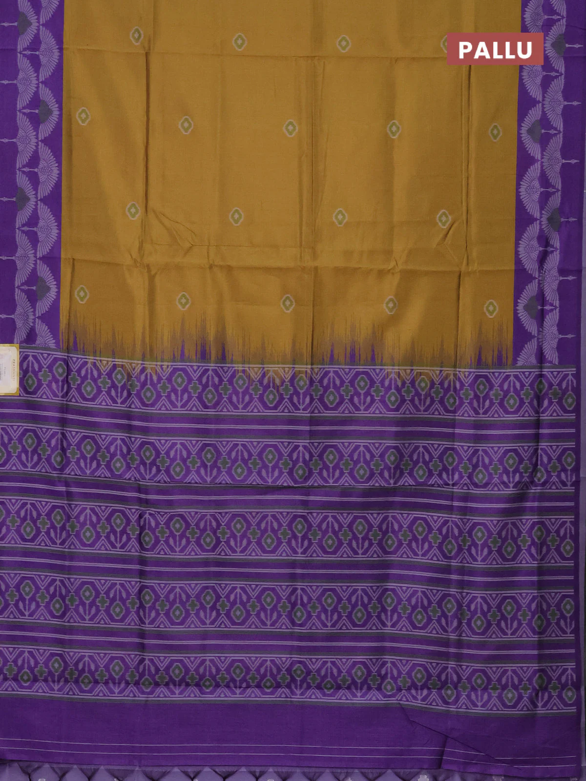 Semi sambalpuri silk saree dark mustard and violet with ikat buttas and thread woven border - Image 3