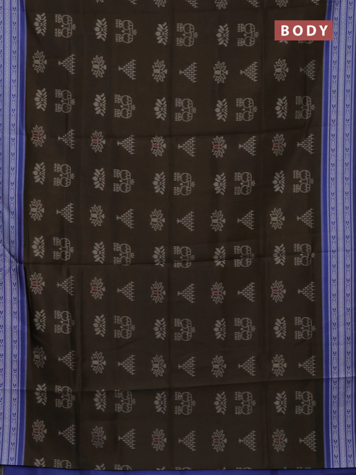 Semi sambalpuri silk saree dark olive green and blue with allover ikat buttas and thread woven border - Image 2