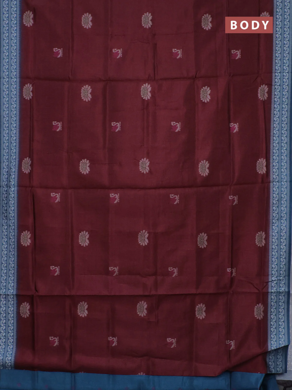 Semi sambalpuri silk saree deep maroon and peacock blue with allover ikat buttas and thread woven border - Image 2