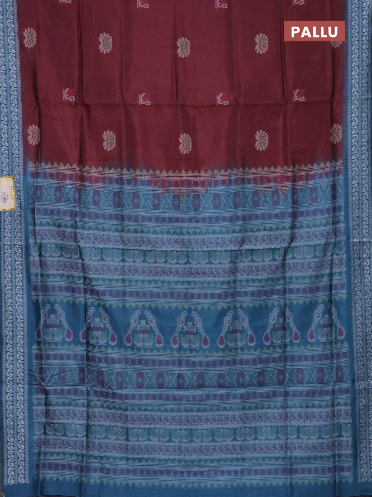 Semi sambalpuri silk saree deep maroon and peacock blue with allover ikat buttas and thread woven border - Image 3