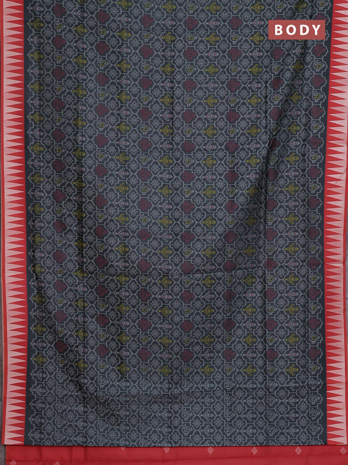 Semi sambalpuri silk saree elephant grey and red with allover ikat weaves and thread woven border - Image 2