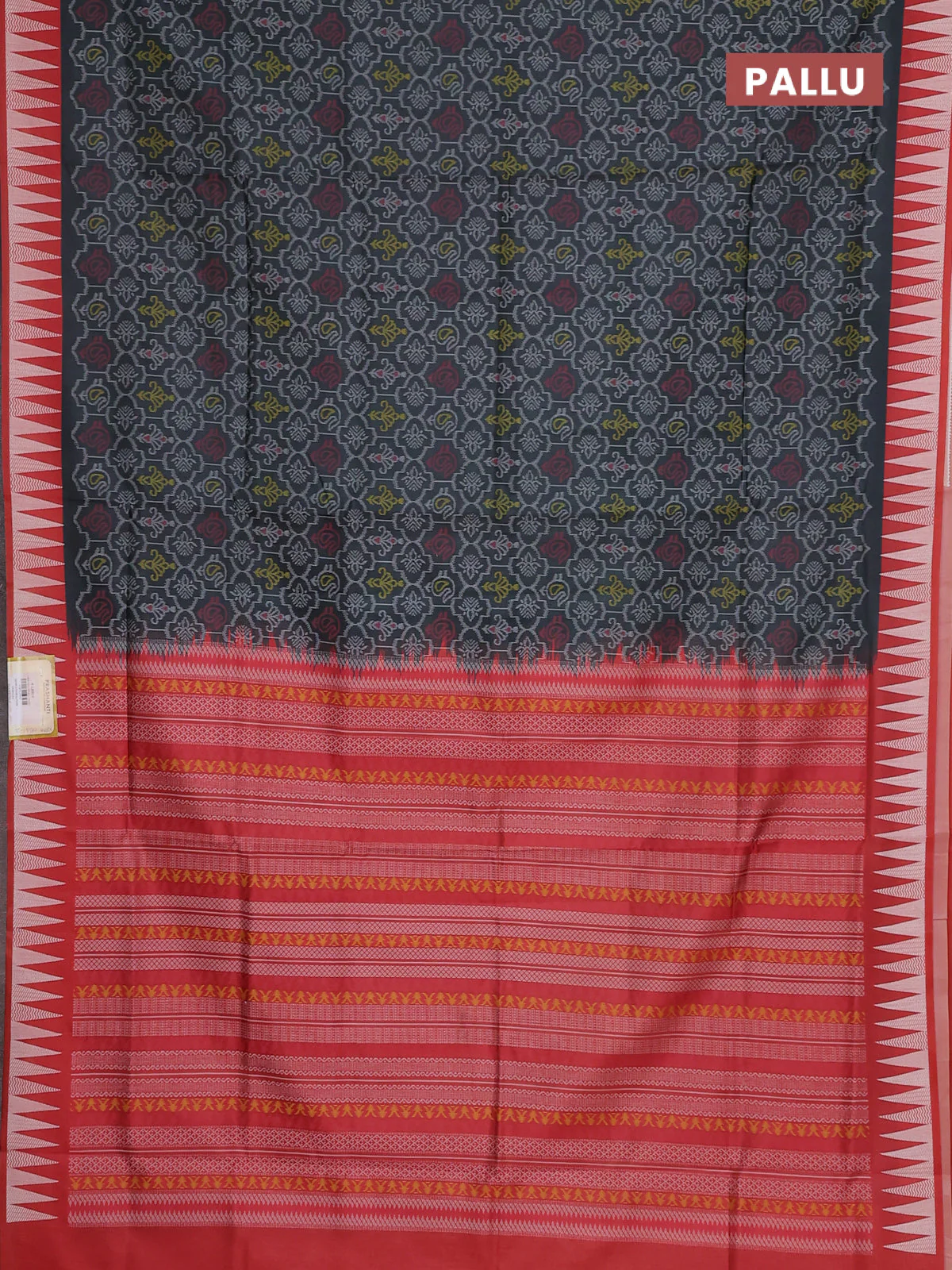 Semi sambalpuri silk saree elephant grey and red with allover ikat weaves and thread woven border - Image 3