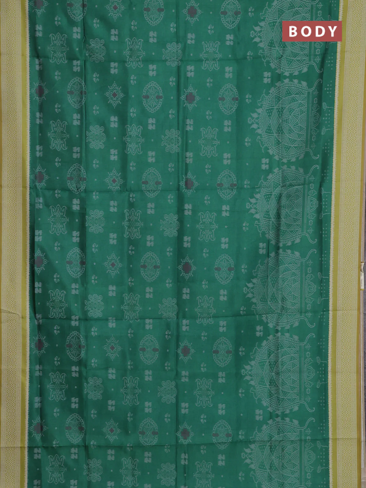 Semi sambalpuri silk saree green and lime green with allover ikat weaves and thread woven border - Image 2