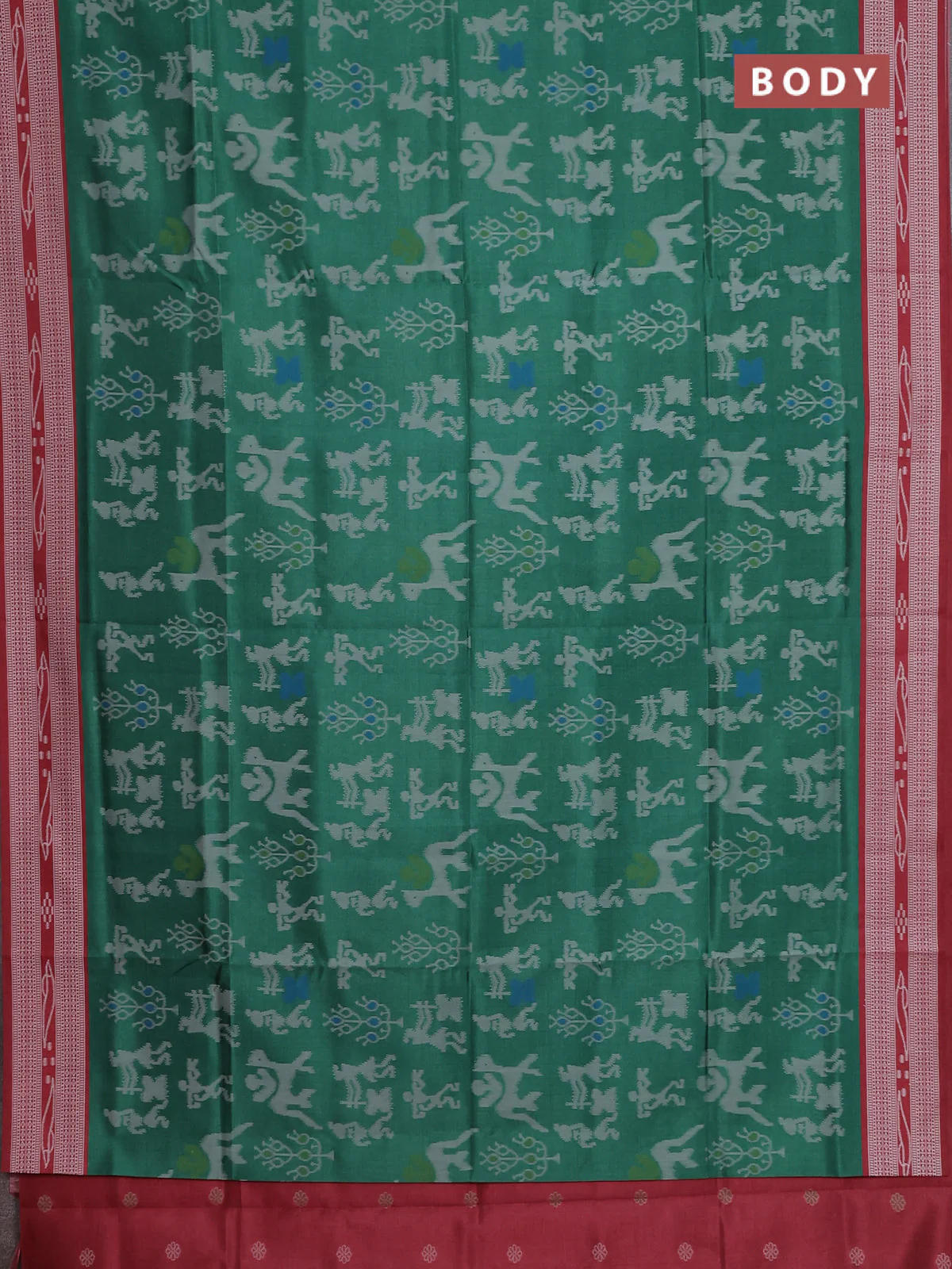 Semi sambalpuri silk saree green and maroon with allover warli ikat weaves and thread woven border - Image 2