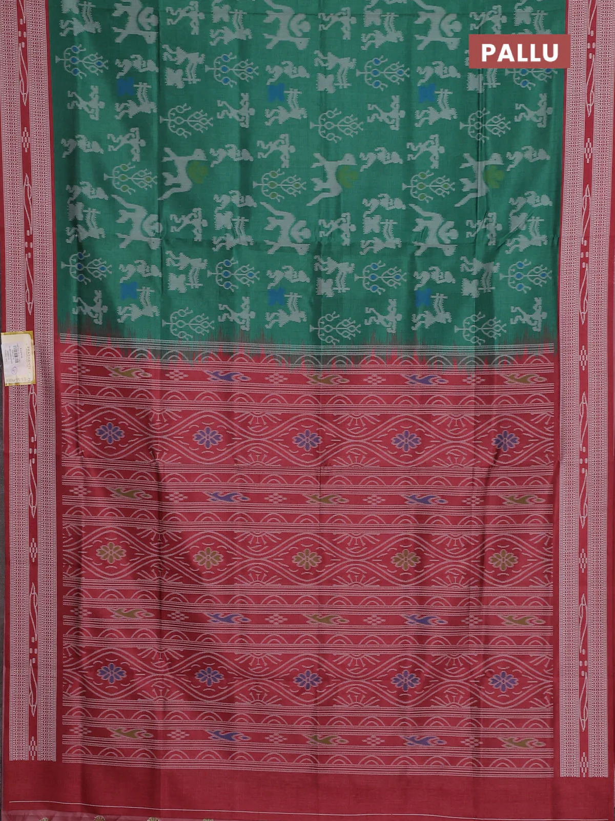 Semi sambalpuri silk saree green and maroon with allover warli ikat weaves and thread woven border - Image 3