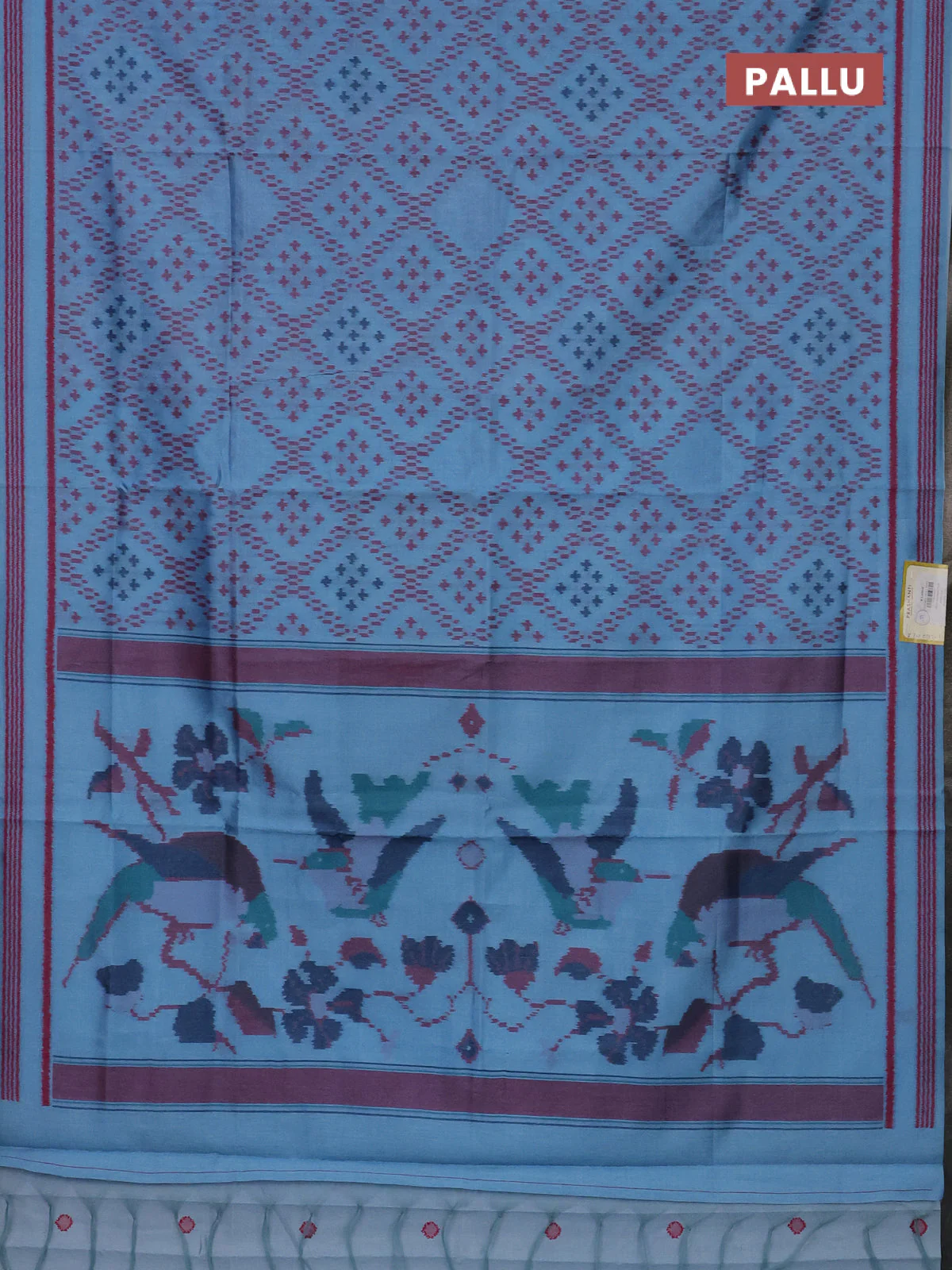 Semi sambalpuri silk saree light blue and pink with allover ikat weaves and thread woven border - Image 3