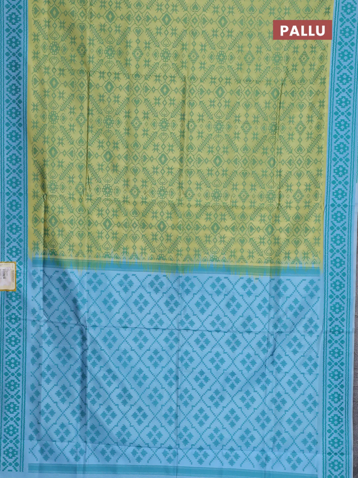 Semi sambalpuri silk saree lime yellow and light blue with allover ikat weaves and thread woven border - Image 3