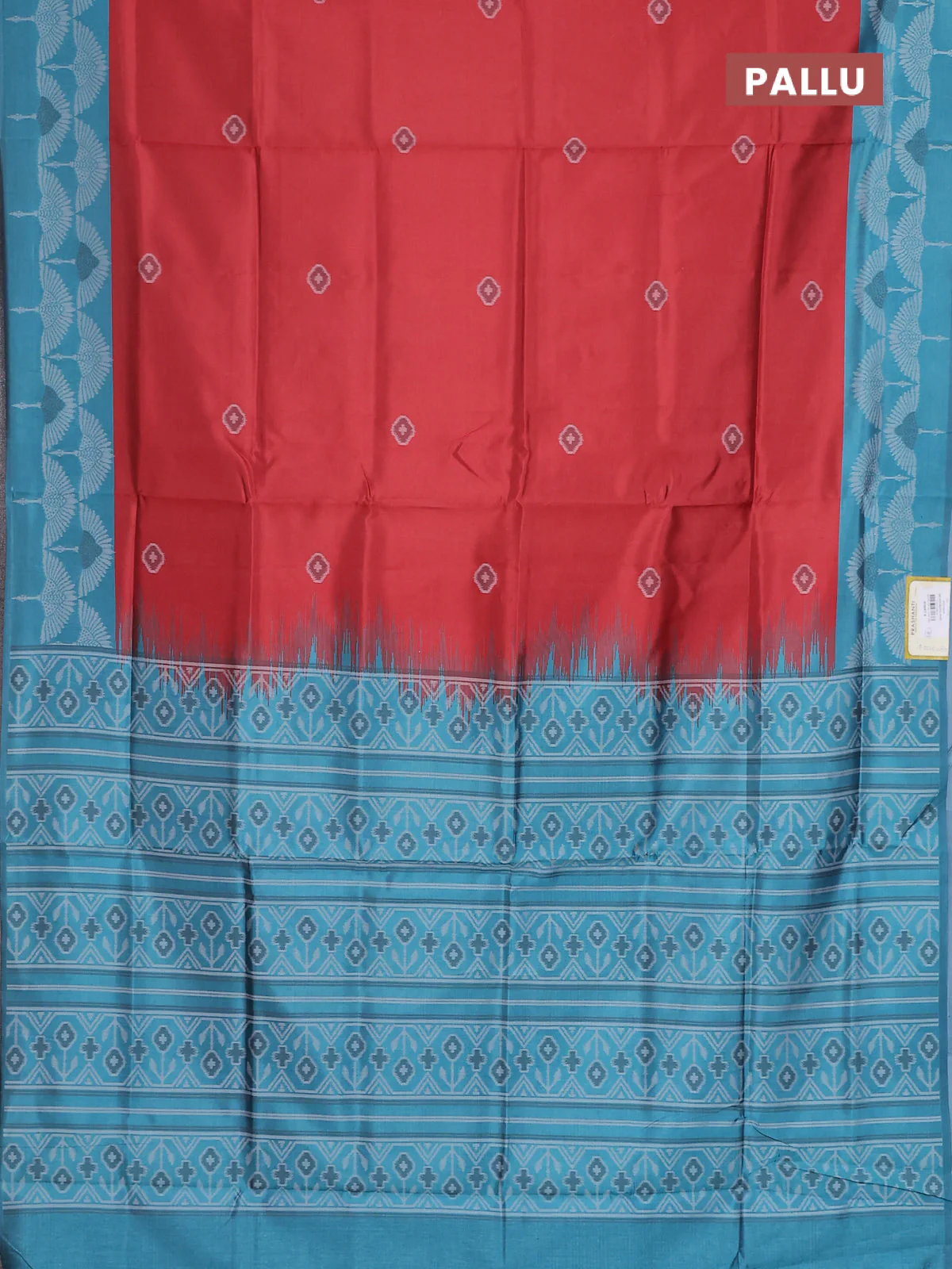 Semi sambalpuri silk saree maroon and teal blue with ikat buttas and thread woven border - Image 3