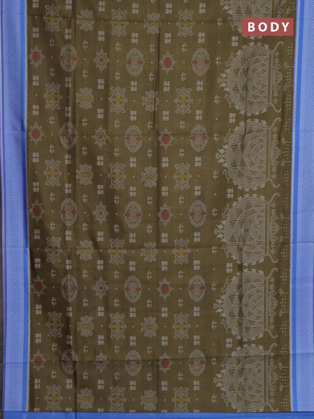 Semi sambalpuri silk saree mehendi green and blue with allover ikat weaves and thread woven border - Image 2