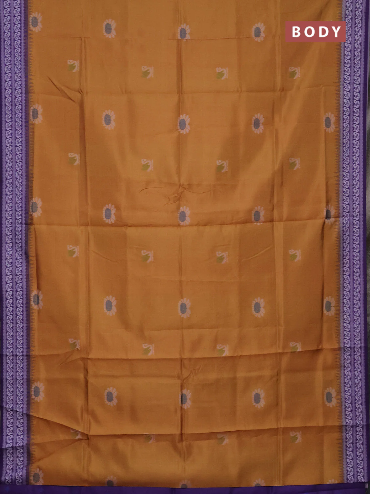 Semi sambalpuri silk saree mustard yellow and violet with allover ikat buttas and thread woven border - Image 2