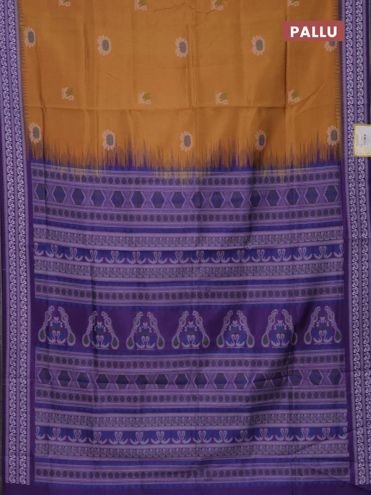 Semi sambalpuri silk saree mustard yellow and violet with allover ikat buttas and thread woven border - Image 3