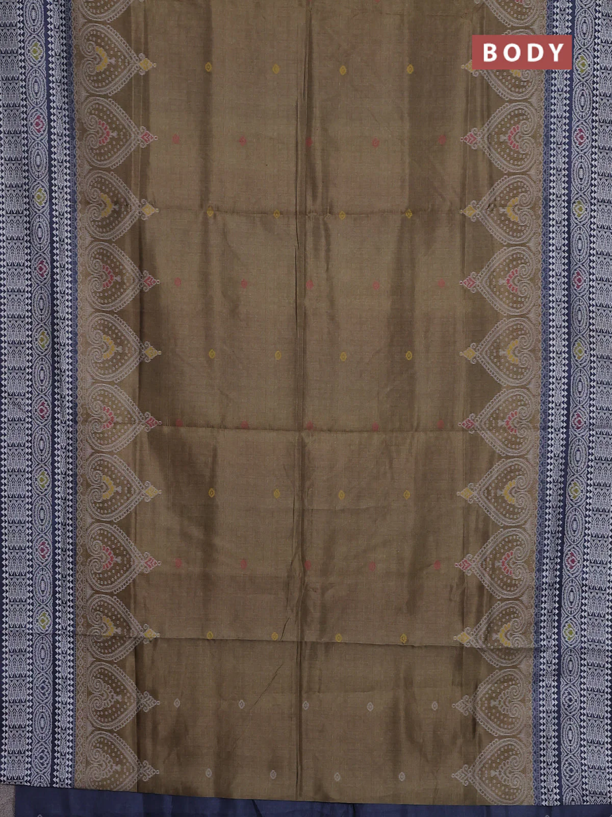 Semi sambalpuri silk saree olive green and navy blue with allover ikat buttas and thread woven border - Image 2