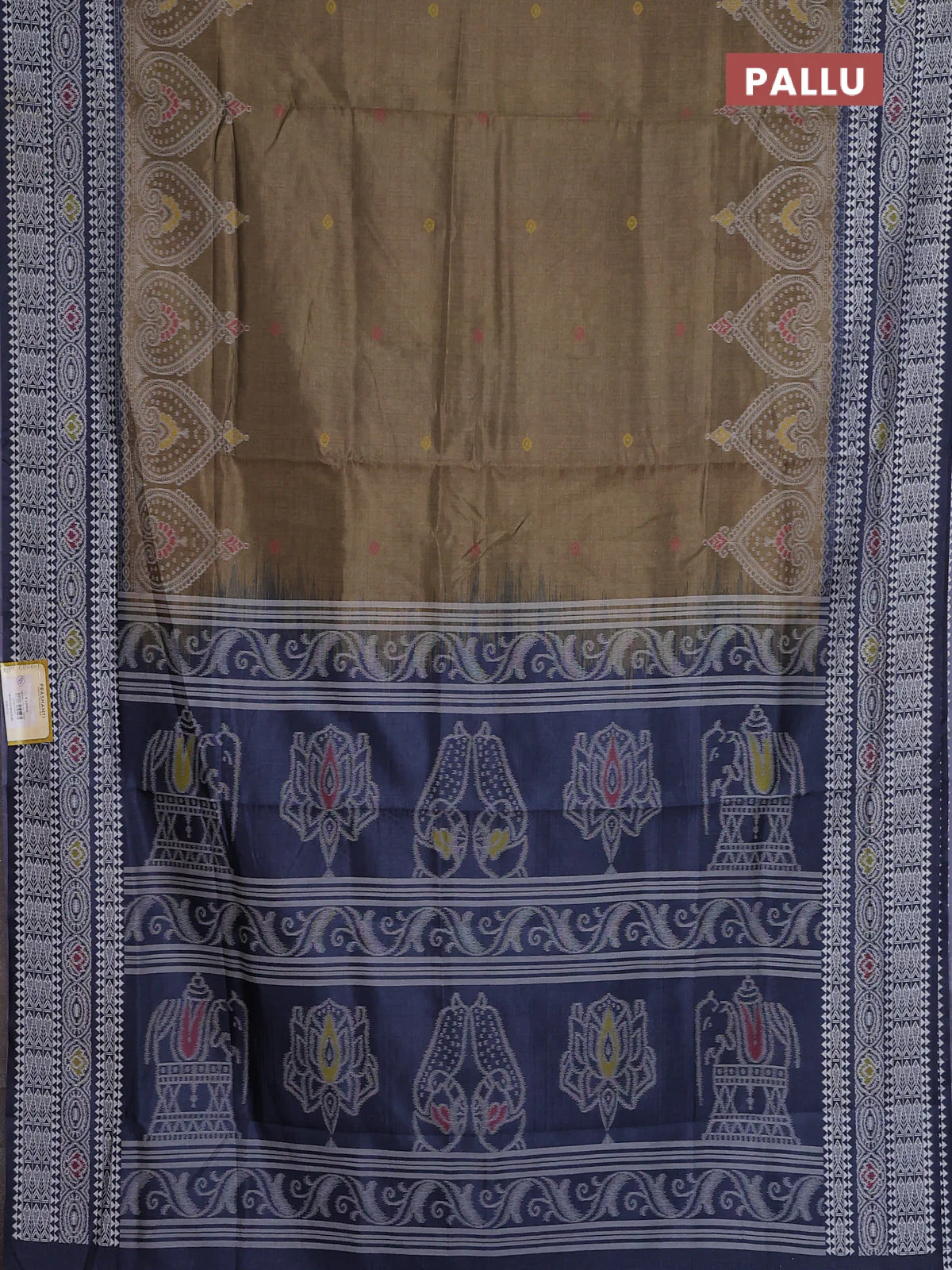 Semi sambalpuri silk saree olive green and navy blue with allover ikat buttas and thread woven border - Image 3