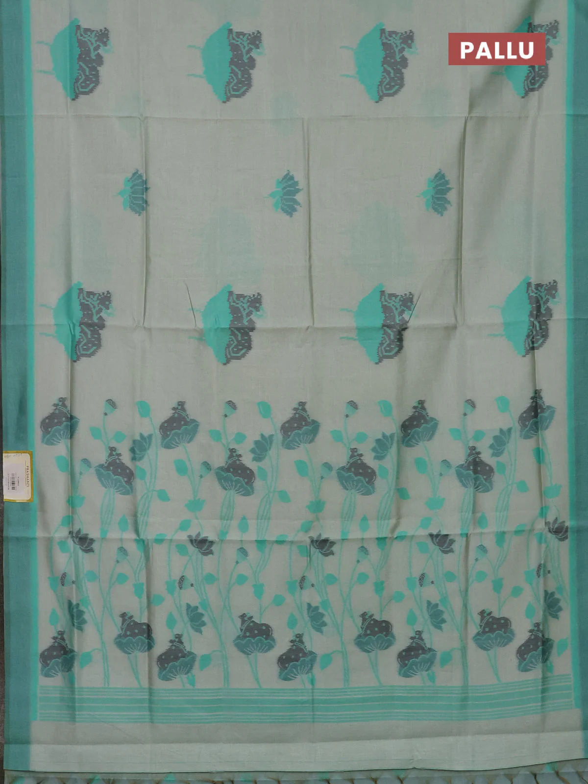 Semi sambalpuri silk saree pastel green and green with pichwai ikat buttas and simple border - Image 3
