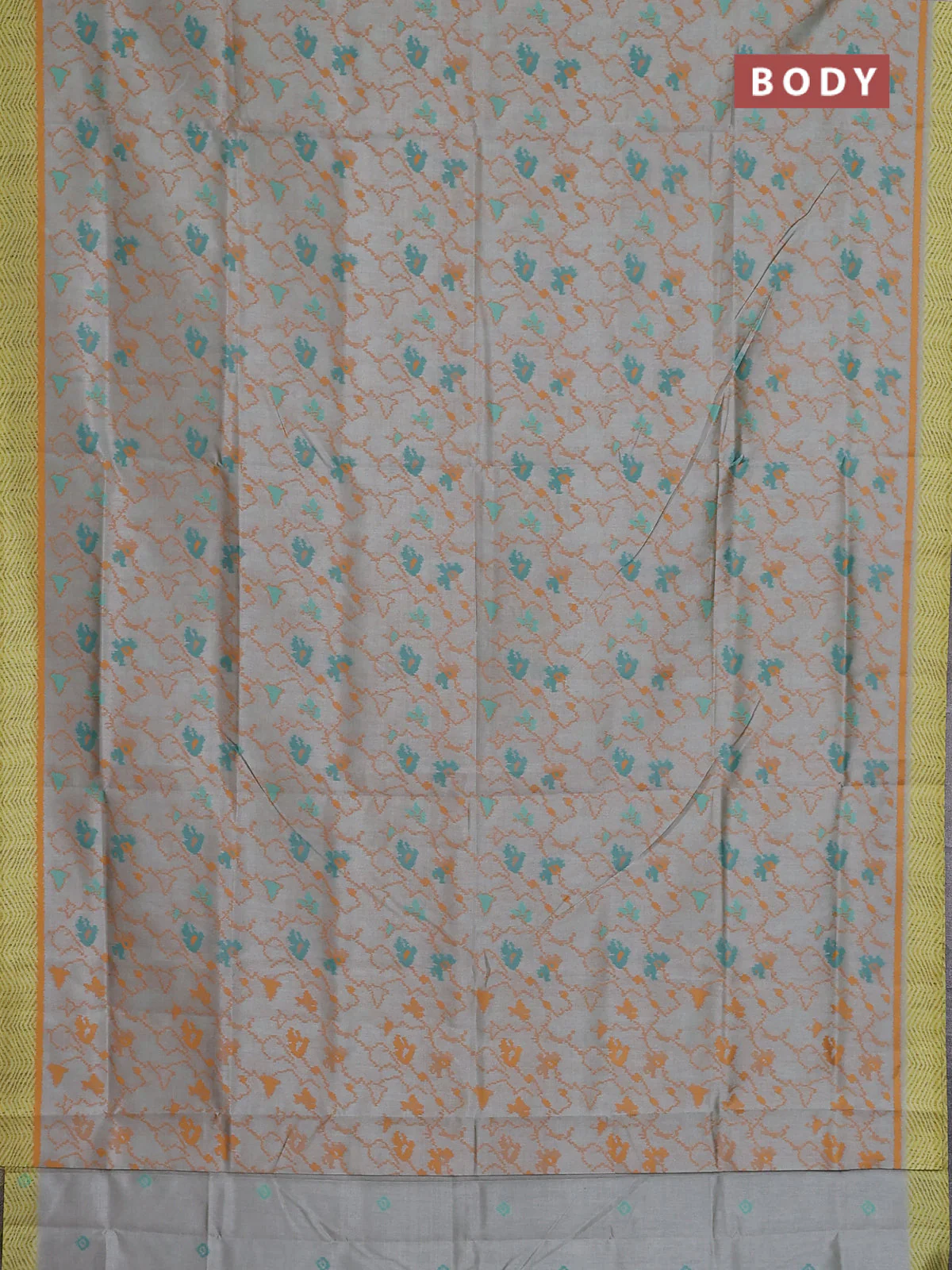 Semi sambalpuri silk saree pastel grey and dark mustard with allover ikat weaves and simple border - Image 2