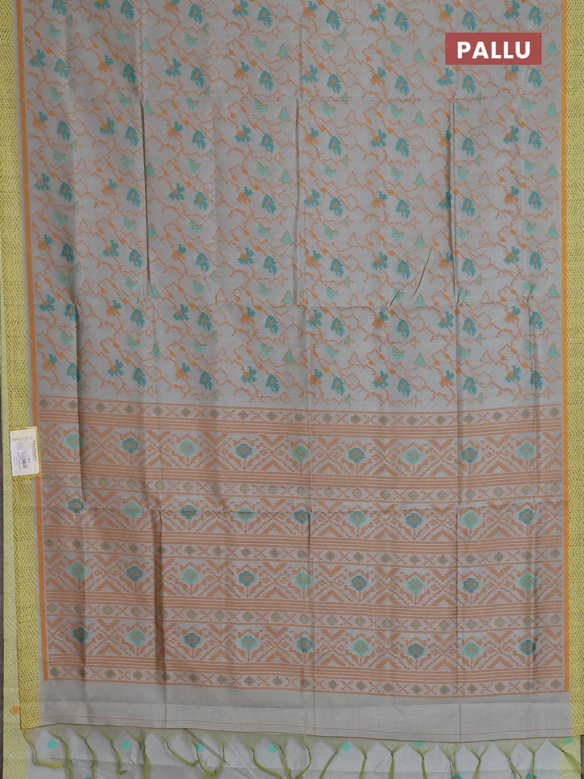 Semi sambalpuri silk saree pastel grey and dark mustard with allover ikat weaves and simple border - Image 3
