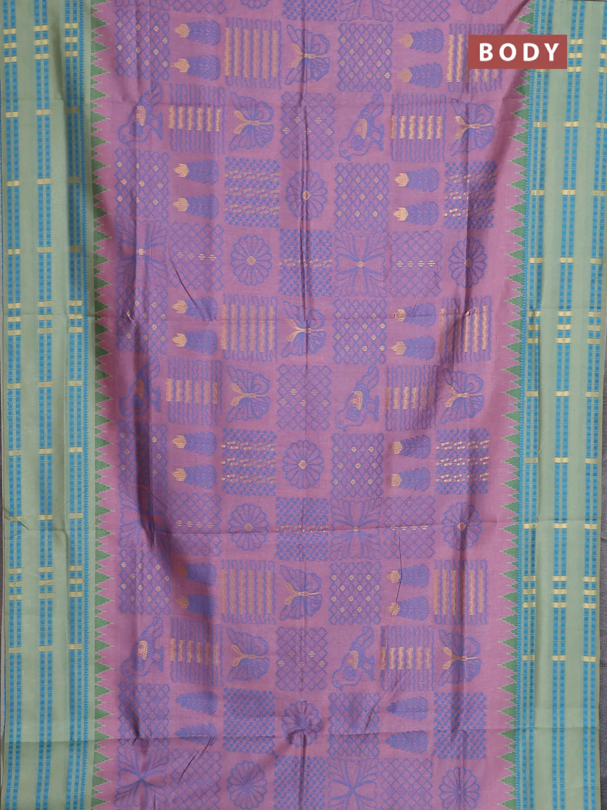 Semi sambalpuri silk saree pastel pink and pastel green with allover thread & zari weaves and thread woven border - Image 2
