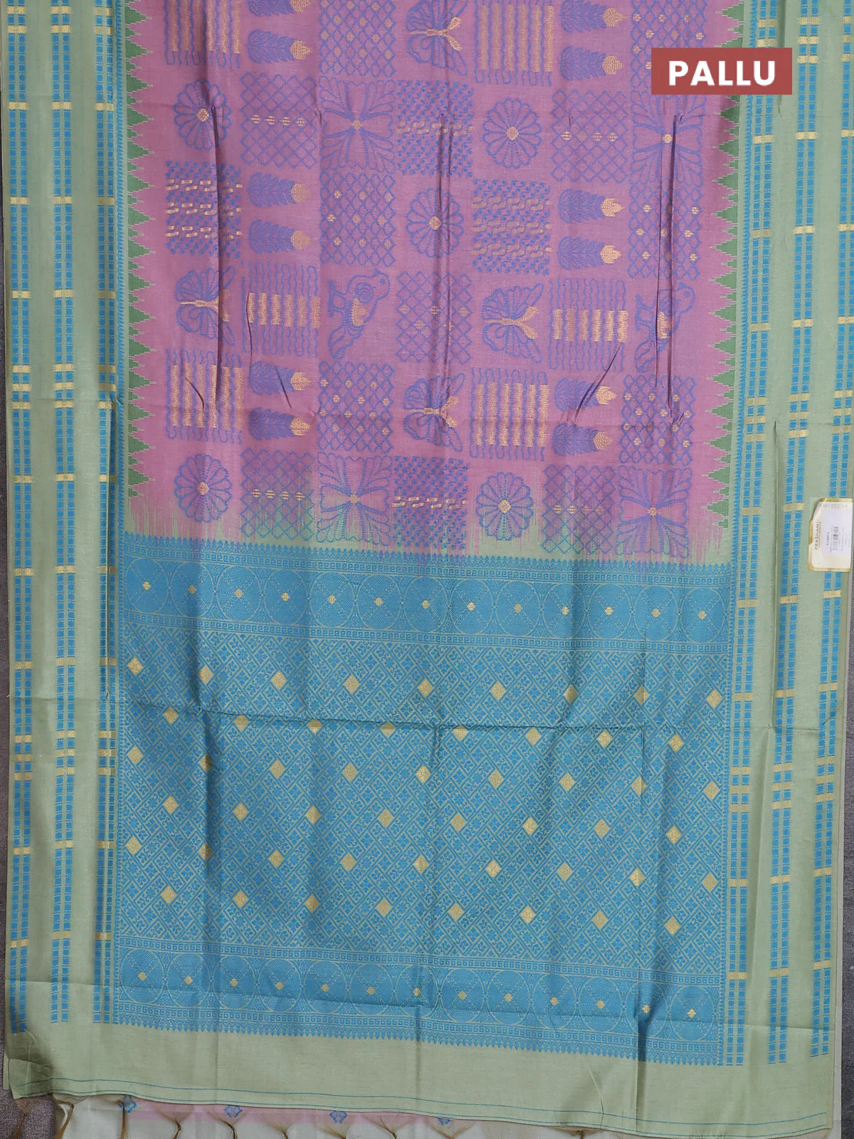 Semi sambalpuri silk saree pastel pink and pastel green with allover thread & zari weaves and thread woven border - Image 3