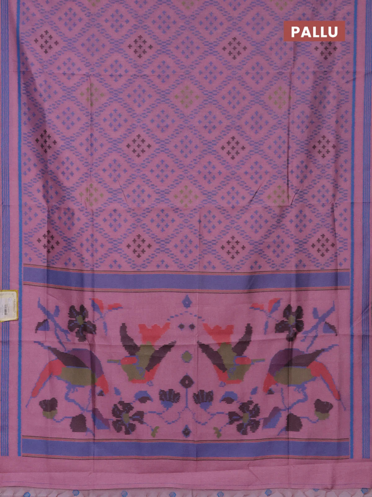 Semi sambalpuri silk saree peach pink and blue with allover ikat weaves and thread woven border - Image 3