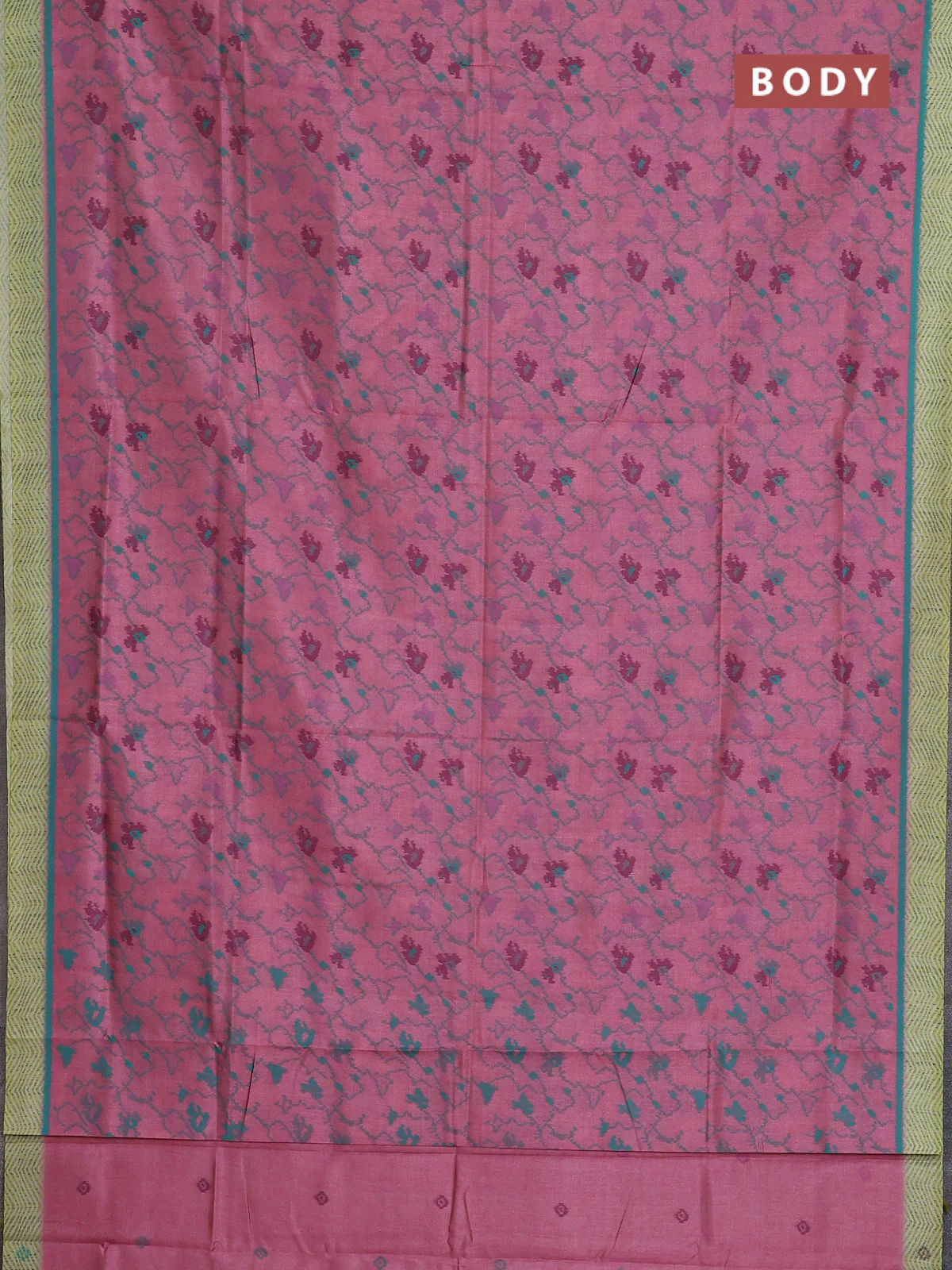 Semi sambalpuri silk saree peach pink and lime green with allover ikat weaves and simple border - Image 2