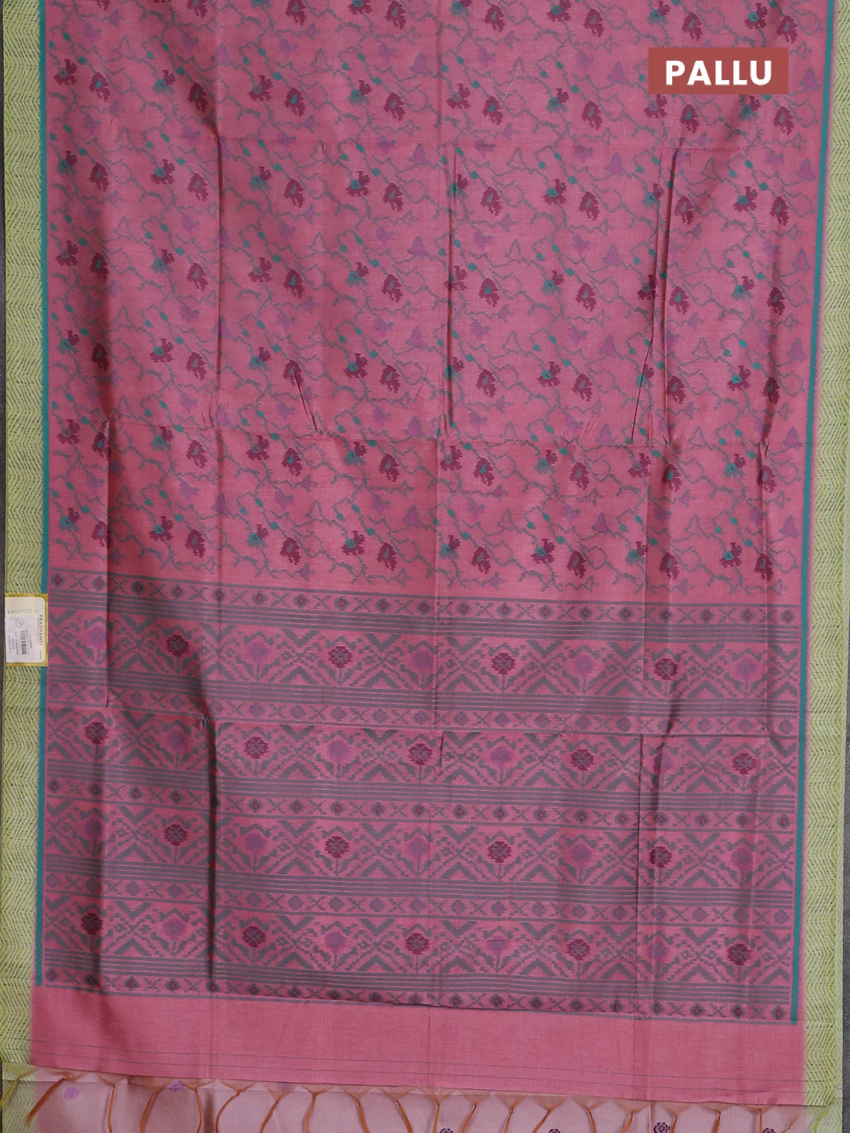 Semi sambalpuri silk saree peach pink and lime green with allover ikat weaves and simple border - Image 3