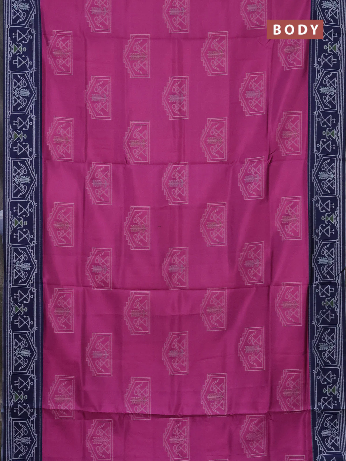 Semi sambalpuri silk saree pink and navy blue with warli ikat buttas and thread woven border - Image 2