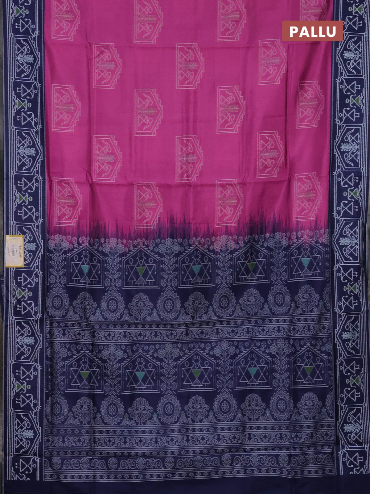 Semi sambalpuri silk saree pink and navy blue with warli ikat buttas and thread woven border - Image 3