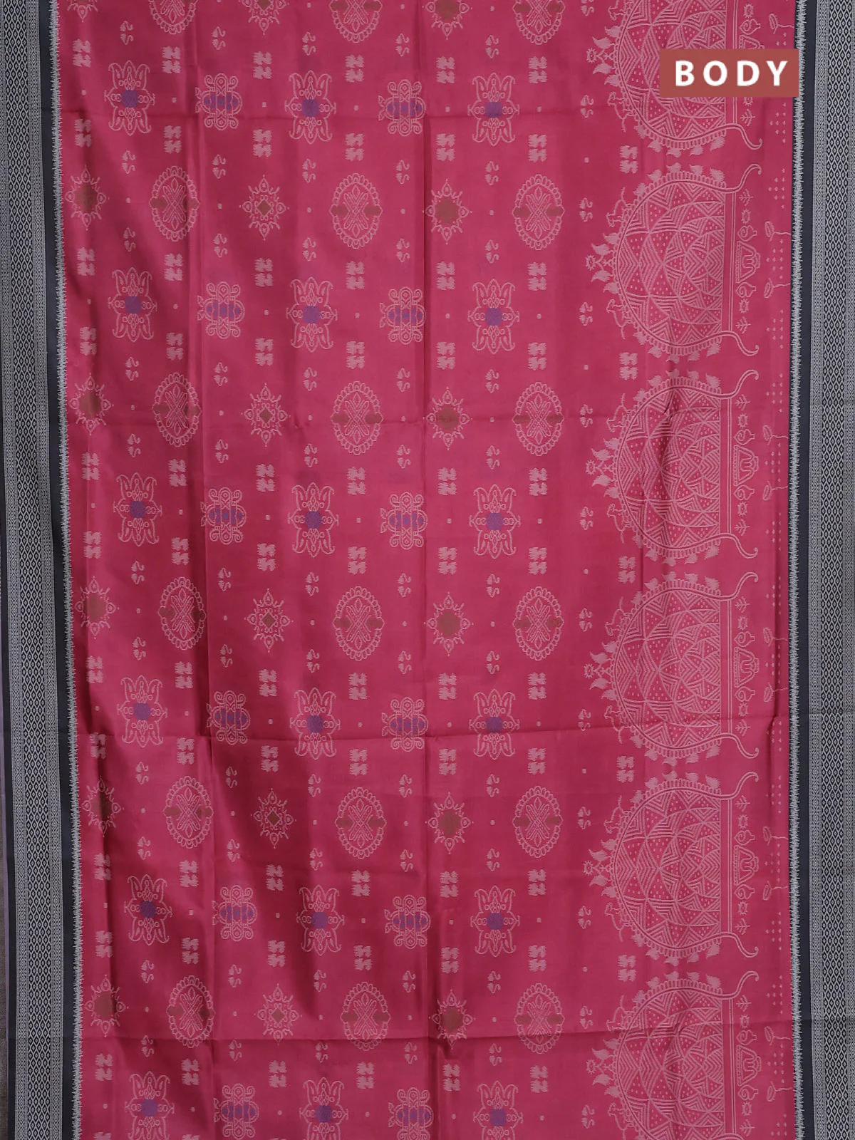 Semi sambalpuri silk saree pink shade and black with allover ikat weaves and thread woven border - Image 2