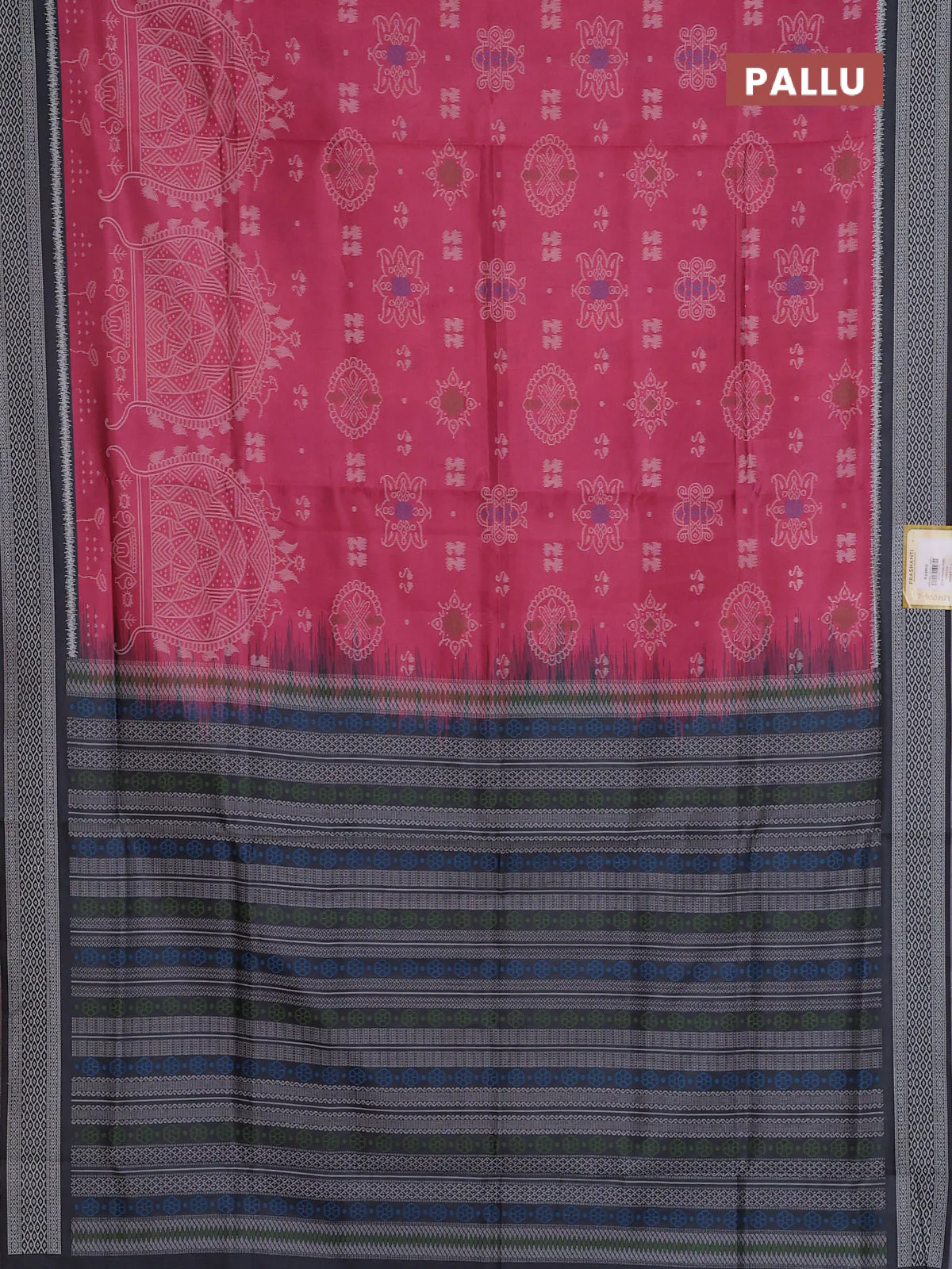 Semi sambalpuri silk saree pink shade and black with allover ikat weaves and thread woven border - Image 3