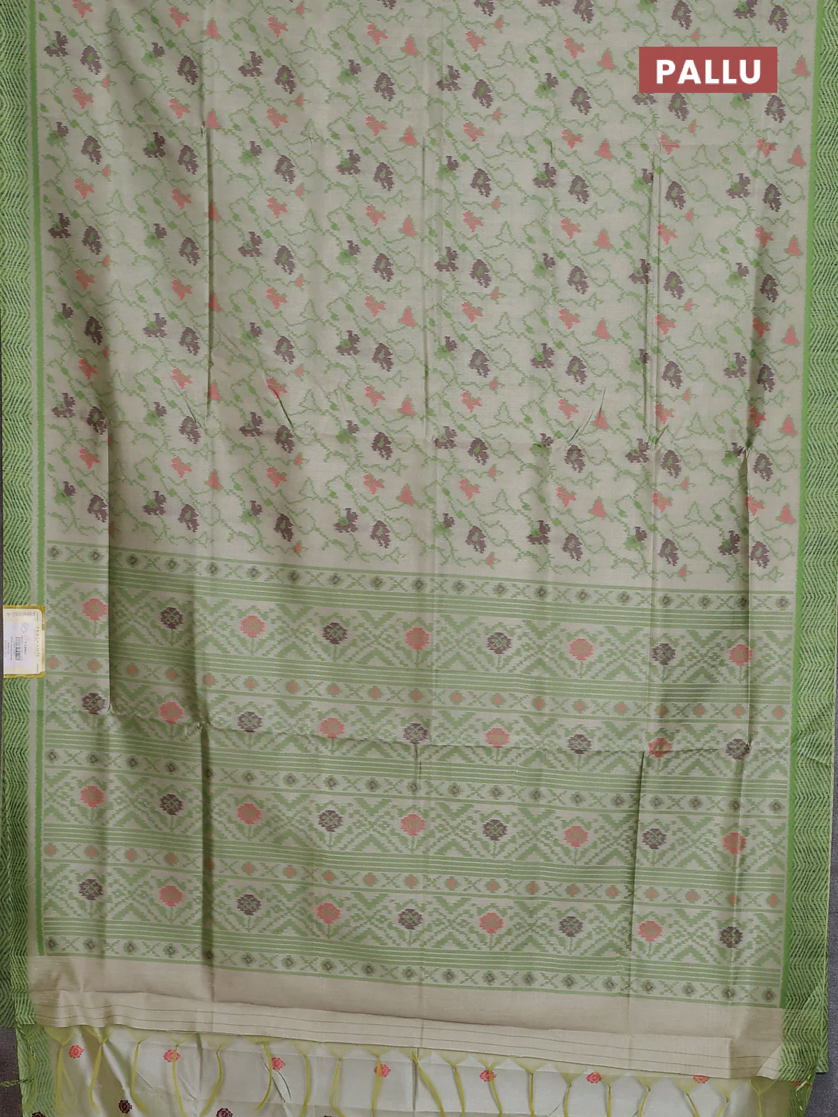 Semi sambalpuri silk saree pista green and green with allover ikat weaves and simple border - Image 3