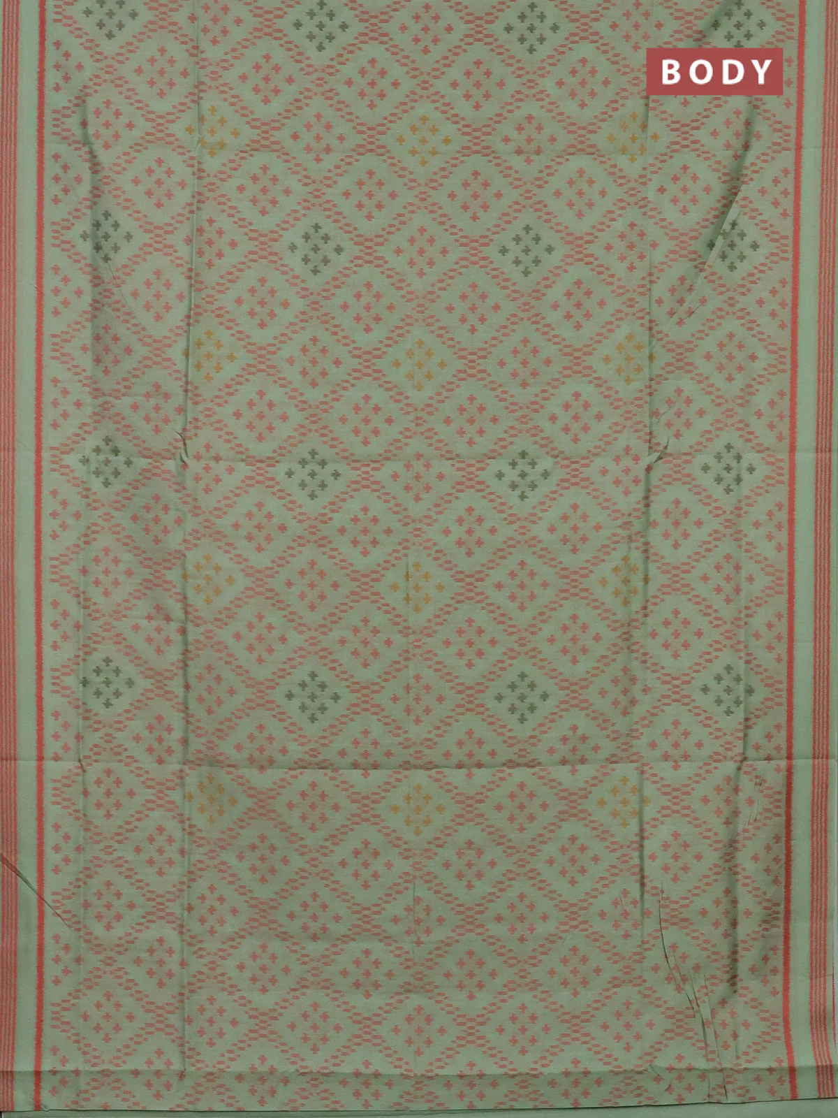 Semi sambalpuri silk saree pista green and peach orange with allover ikat weaves and thread woven border - Image 2