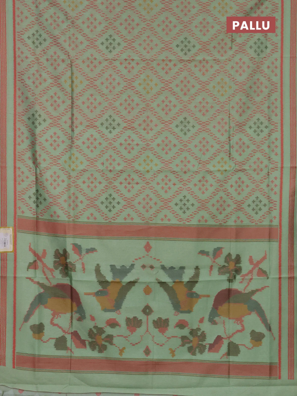Semi sambalpuri silk saree pista green and peach orange with allover ikat weaves and thread woven border - Image 3