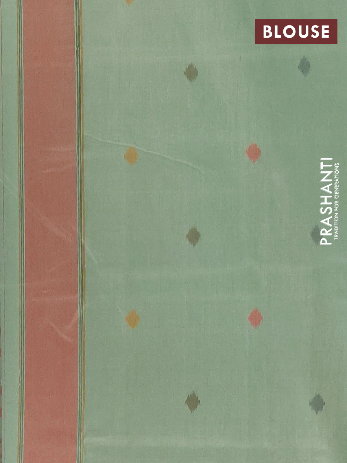 Semi sambalpuri silk saree pista green and peach orange with allover ikat weaves and thread woven border - Image 4