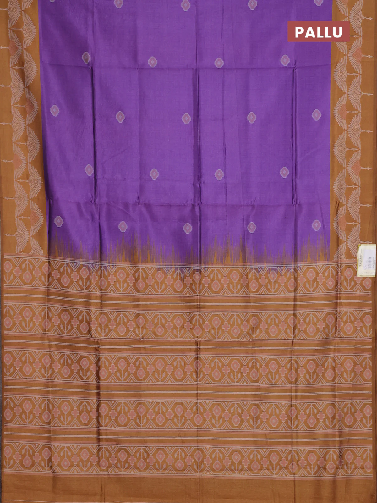 Semi sambalpuri silk saree purple and dark mustard with ikat buttas and thread woven border - Image 3