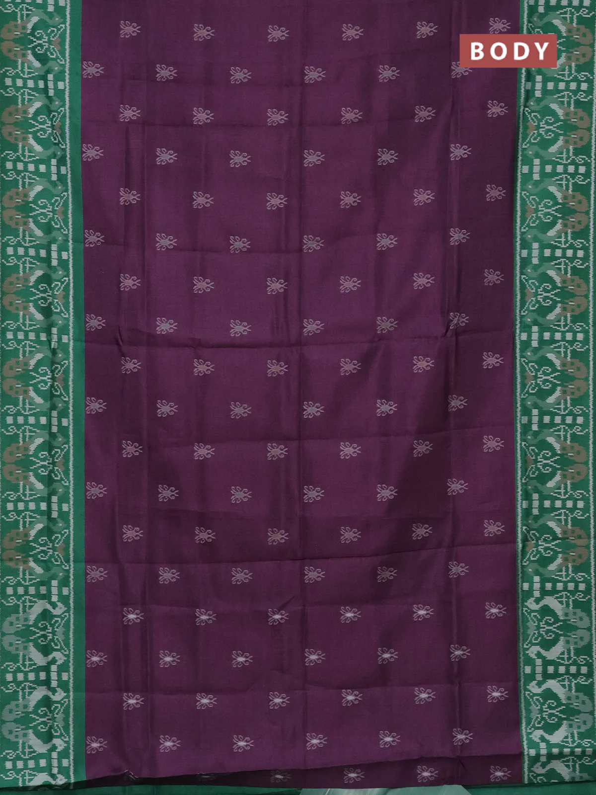 Semi sambalpuri silk saree purple and green with allover ikat buttas and thread woven border - Image 2