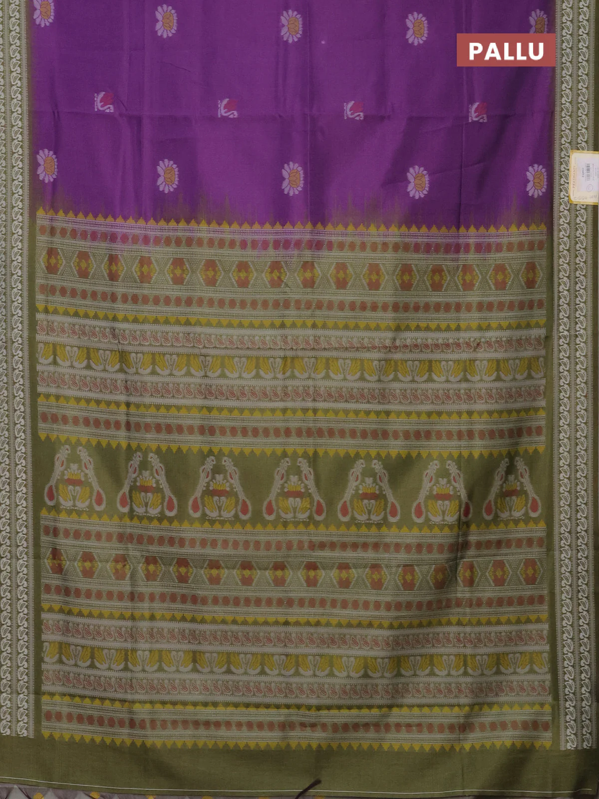 Semi sambalpuri silk saree purple and mehendi green with allover ikat buttas and thread woven border - Image 3