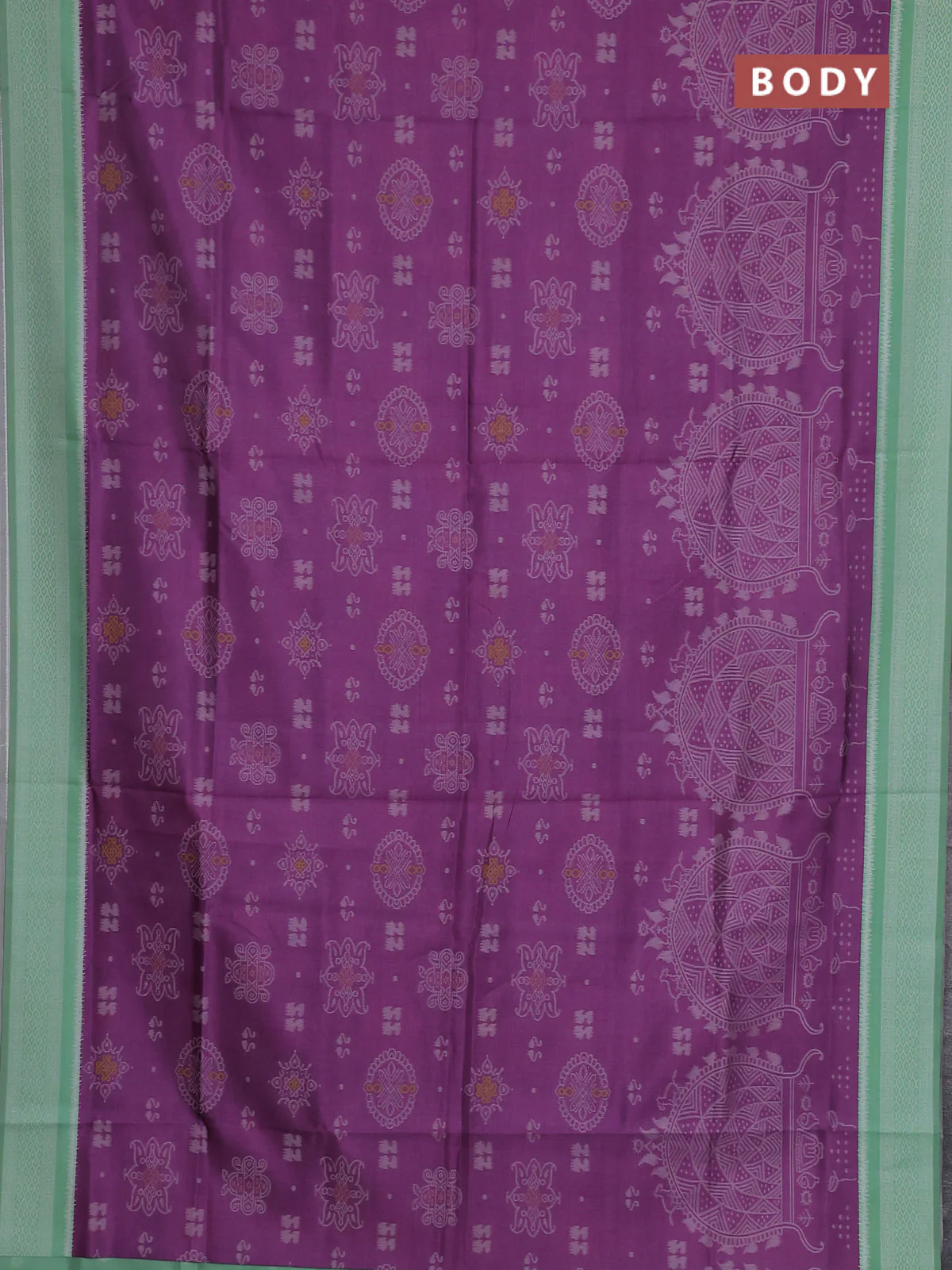 Semi sambalpuri silk saree purple and teal green shade with allover ikat weaves and thread woven border - Image 2
