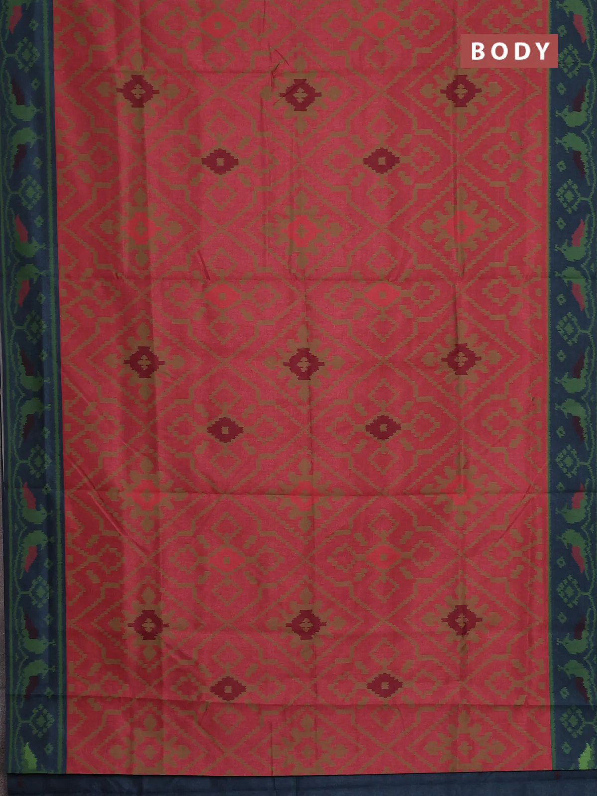 Semi sambalpuri silk saree red shade and peacock blue with allover ikat weaves and thread woven border - Image 2