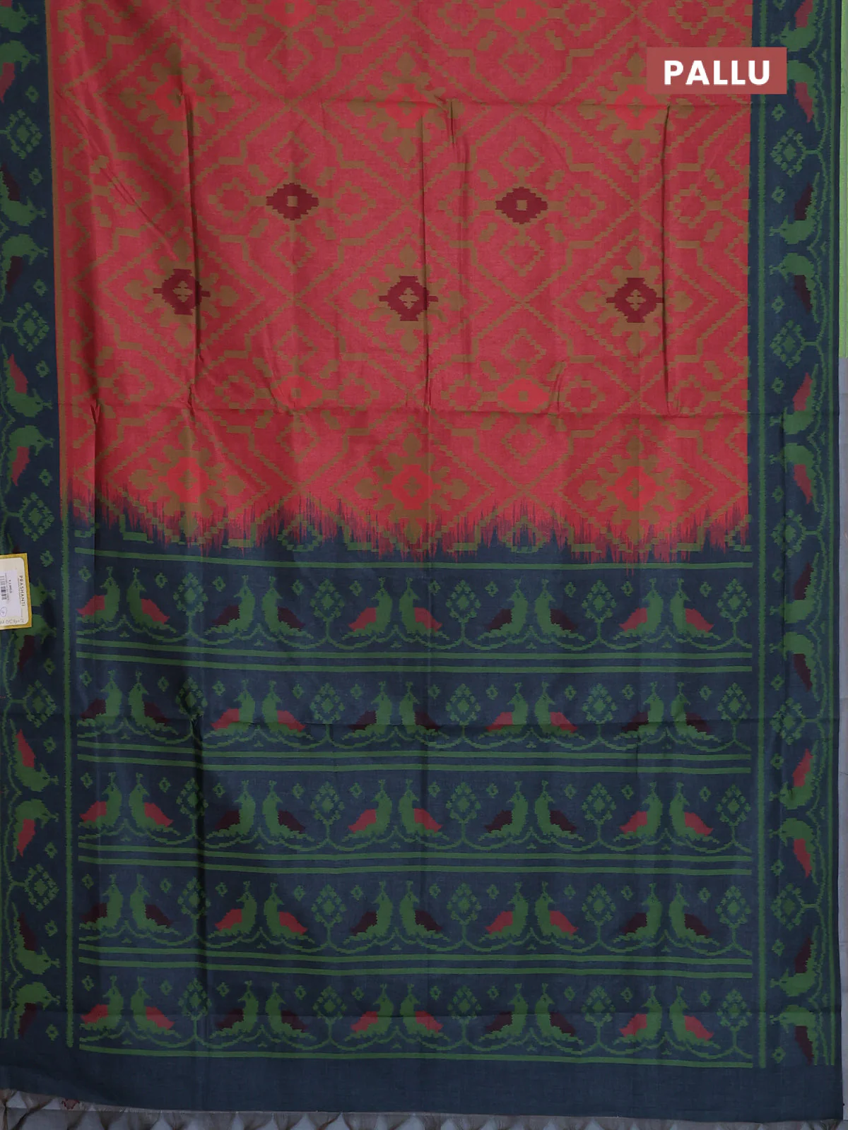 Semi sambalpuri silk saree red shade and peacock blue with allover ikat weaves and thread woven border - Image 3